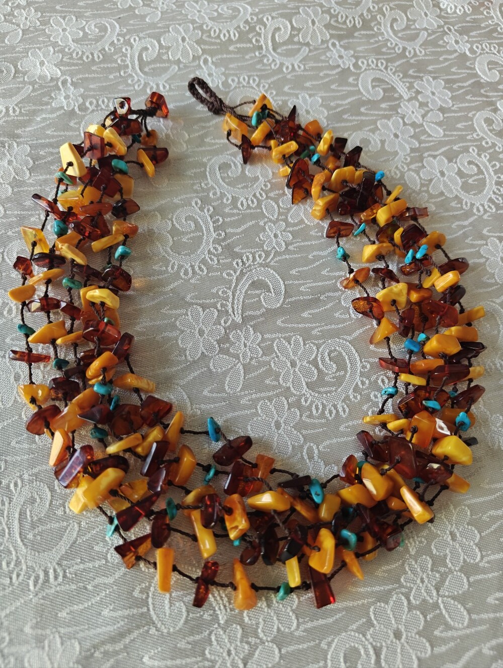 Genuine Amber & Turquoise Six Strand Necklace